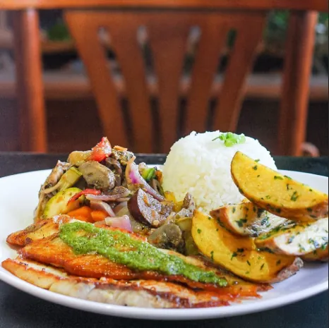 Filé de peixe com molho verde, legumes salteados, arroz e batatas